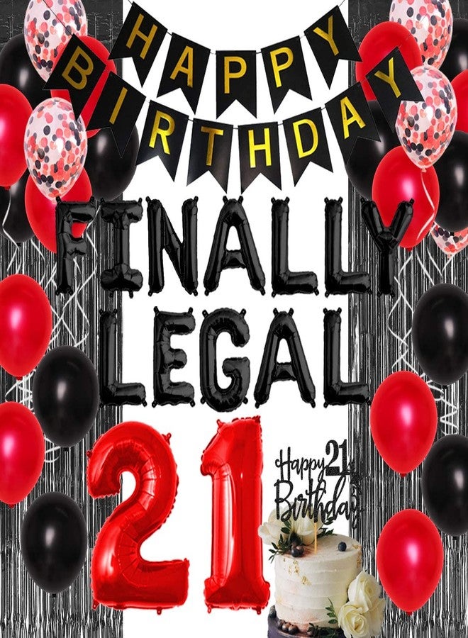 Serencatcher Finally Legal 21st Birthday Decorations Red For Men Teens Adults 21st Birthday Party Supplies Finally Legal Birthday Balloon Banner Fringe Curtain Number 21 Balloons Decors - Image 1